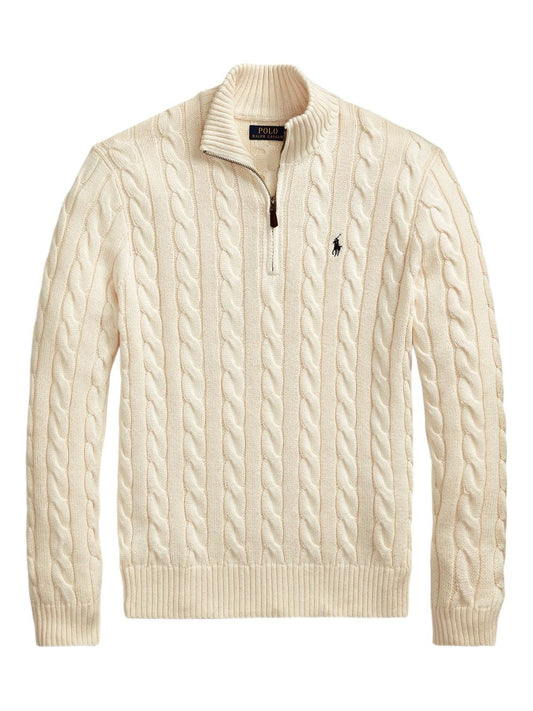 Classico maglione in cotone RL con motivo a trecce e collo a cerniera